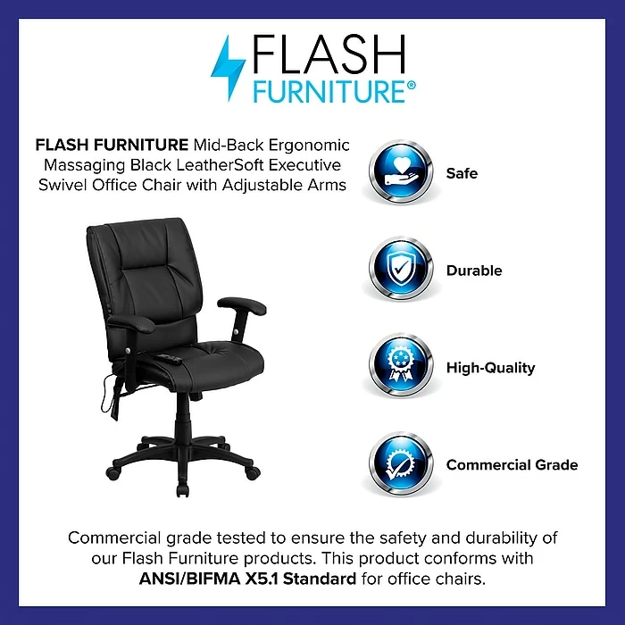 Flash Furniture Mid-Back Massaging Leather Executive Office Chair With T- Arms, Black 6 Flash Furniture Mid-Back Massaging Leather Executive Office Chair With T- Arms, Black - Image 4