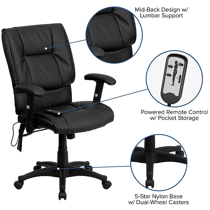 Flash Furniture Mid-Back Massaging Leather Executive Office Chair With T- Arms, Black 8 Flash Furniture Mid-Back Massaging Leather Executive Office Chair With T- Arms, Black - Image 6