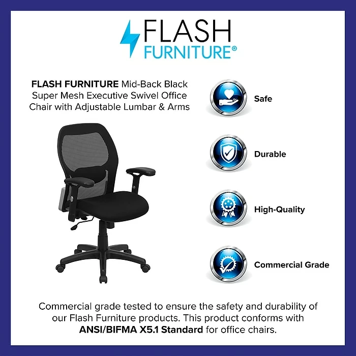 Flash Furniture Mid Back Super Mesh Office Chair With Black Fabric Seat, Black 5 Flash Furniture Mid Back Super Mesh Office Chair With Black Fabric Seat, Black - Image 3