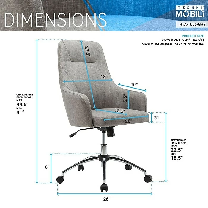 Techni Mobili Comfy Height Adjustable Rolling Office Desk Chair, Gray (RTA-1005-GRY) 9 Techni Mobili Comfy Height Adjustable Rolling Office Desk Chair, Gray (RTA-1005-GRY) - Image 7