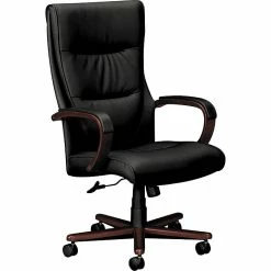 HON Topflight Executive High-Back Chair, Fixed Arms, Mahogany Finish, Black SofThread Leather (BSXVL844NSB11)