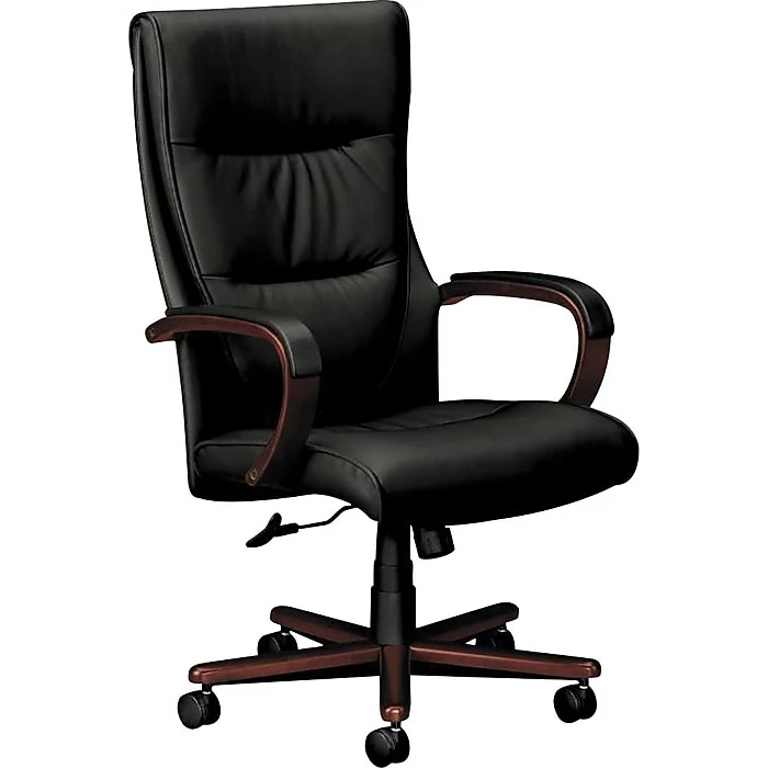 HON Topflight Executive High-Back Chair, Fixed Arms, Mahogany Finish, Black SofThread Leather (BSXVL844NSB11) 3 HON Topflight Executive High-Back Chair, Fixed Arms, Mahogany Finish, Black SofThread Leather (BSXVL844NSB11)