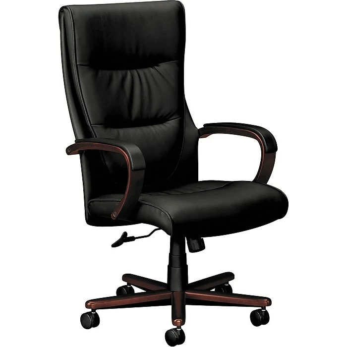 HON Topflight Executive High-Back Chair, Fixed Arms, Mahogany Finish, Black SofThread Leather (BSXVL844NSB11) 4 HON Topflight Executive High-Back Chair, Fixed Arms, Mahogany Finish, Black SofThread Leather (BSXVL844NSB11) - Image 2