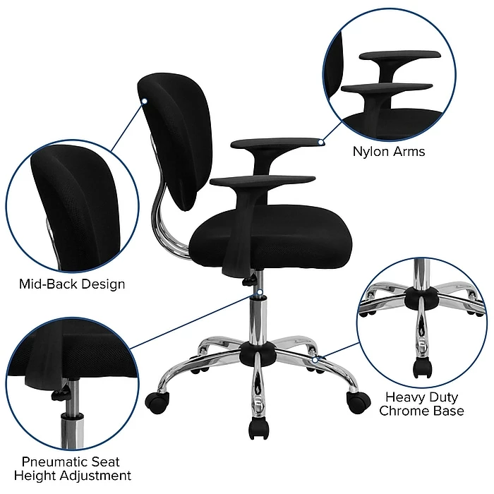 Flash Furniture Mid Back Mesh Task Chair With Arms And Chrome Base, Black 7 Flash Furniture Mid Back Mesh Task Chair With Arms And Chrome Base, Black - Image 5