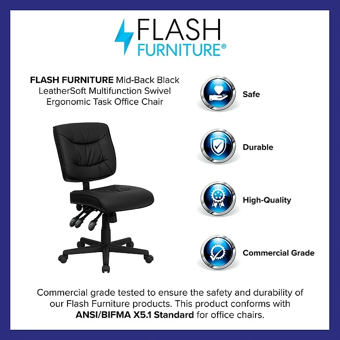 Flash Furniture Mid Back Leather Multi-Functional Task Chair, Black 6 Flash Furniture Mid Back Leather Multi-Functional Task Chair, Black - Image 4