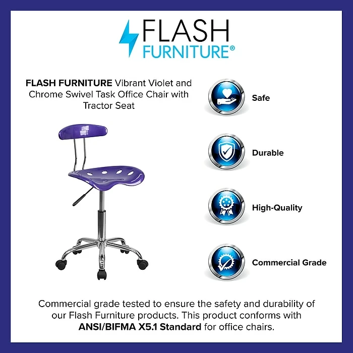 Flash Furniture Chrome Low Back Computer Task Chair With Tractor Seat, Vibrant Violet 6 Flash Furniture Chrome Low Back Computer Task Chair With Tractor Seat, Vibrant Violet - Image 4