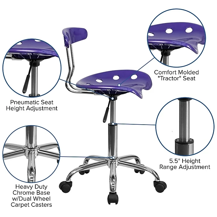 Flash Furniture Chrome Low Back Computer Task Chair With Tractor Seat, Vibrant Violet 7 Flash Furniture Chrome Low Back Computer Task Chair With Tractor Seat, Vibrant Violet - Image 5