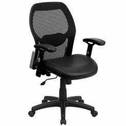 Flash Furniture Mid Back Super Mesh Office Chair With Black Italian Leather Seat, Black